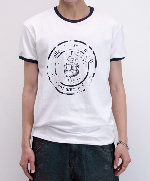 Chikashitsu +(チカシツプラス)の「【Chikashitsu +】stamp printing ringer tee (3color) / 【チカシツプラス】スタンププリントリンガー半袖Tシャツ<着用動画あり>(Tシャツ/カットソー・メンズ・ホワイト/ブラック/グレー・ONE SIZE)」の15枚目の写真