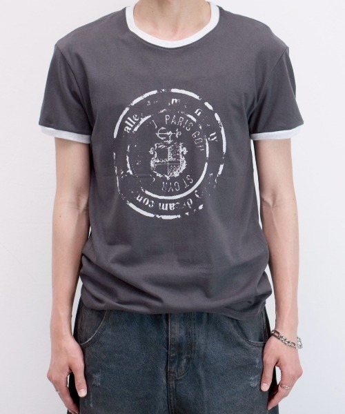 Chikashitsu +(チカシツプラス)の「【Chikashitsu +】stamp printing ringer tee (3color) / 【チカシツプラス】スタンププリントリンガー半袖Tシャツ<着用動画あり>(Tシャツ/カットソー・メンズ・ホワイト/ブラック/グレー・ONE SIZE)」の20枚目の写真