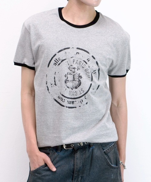 Chikashitsu +(チカシツプラス)の「【Chikashitsu +】stamp printing ringer tee (3color) / 【チカシツプラス】スタンププリントリンガー半袖Tシャツ<着用動画あり>(Tシャツ/カットソー・メンズ・ホワイト/ブラック/グレー・ONE SIZE)」の22枚目の写真