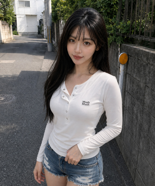 muahmuah（ムーアムーア）の「レイヤーヘンリーネック長袖Tシャツ[ホワイト]（Tシャツ/カットソー・レディース・ホワイト・FREE）」の2枚目の写真