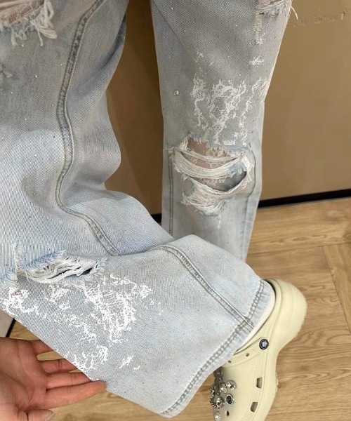 Riff(リフ)の「ラインストーンレースダメージデニム(デニムパンツ・レディース・ライトブルー・S/M/L)」の5枚目の写真