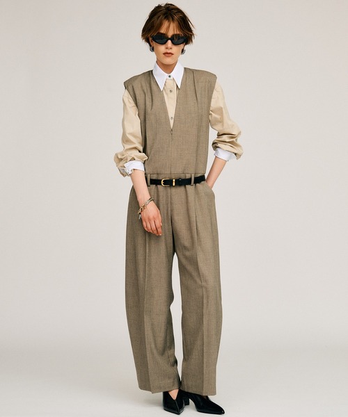 PRANK PROJECT(プランクプロジェクト)の「【2026Autumn Pre-Order】スーチングワイドジャンプスーツ / Suiting Wide Jumpsuit(つなぎ/オールインワン・レディース・グレイッシュベージュ/ネイビー・38/36)」の2枚目の写真