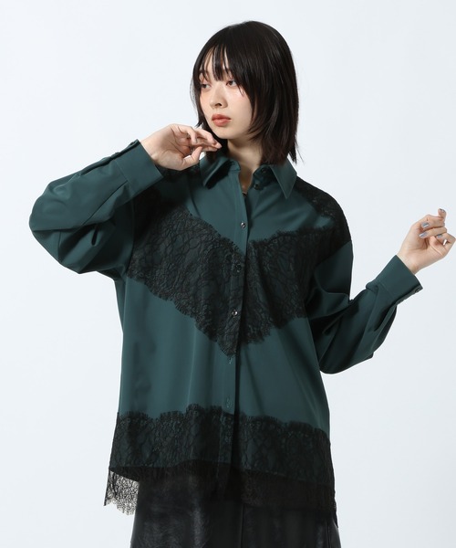 PAGEBOY(ページボーイ)の「レースMIXシャツ(シャツ/ブラウス・レディース・ダークグリーン/ブラック・FREE)」の1枚目の写真