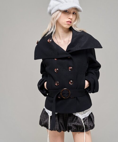 WHO'S WHO gallery(フーズフーギャラリー)の「【26AW LOOK掲載品番】ワイドカラーベルテッドPコート(ピーコート・レディース・ネイビー/ブラック/グレー/カーキ・FREE)」の14枚目の写真
