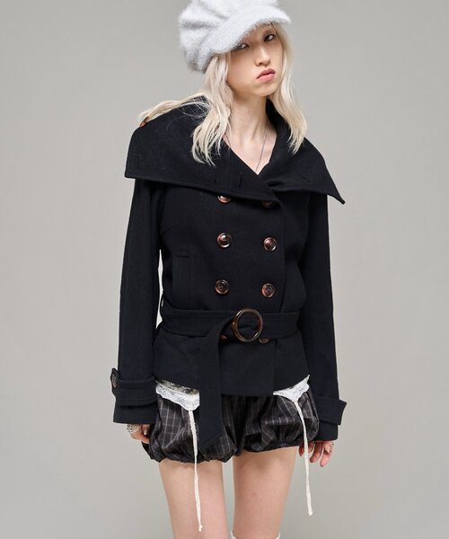WHO'S WHO gallery(フーズフーギャラリー)の「【26AW LOOK掲載品番】ワイドカラーベルテッドPコート(ピーコート・レディース・ネイビー/ブラック/グレー/カーキ・FREE)」の16枚目の写真