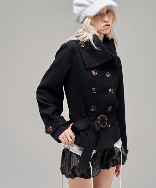 WHO'S WHO gallery(フーズフーギャラリー)の「【26AW LOOK掲載品番】ワイドカラーベルテッドPコート(ピーコート・レディース・ネイビー/ブラック/グレー/カーキ・FREE)」の17枚目の写真