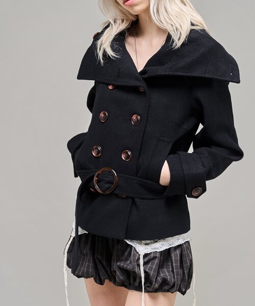 WHO'S WHO gallery(フーズフーギャラリー)の「【26AW LOOK掲載品番】ワイドカラーベルテッドPコート(ピーコート・レディース・ネイビー/ブラック/グレー/カーキ・FREE)」の18枚目の写真