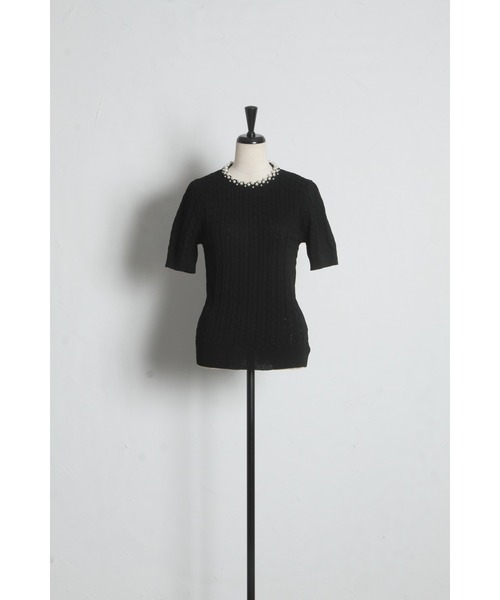 tocco closet（トッコ　クローゼット）の「【ZOZO限定】ネックパール装飾半袖シアーニットトップス（ニット/セーター・レディース・ブラック/ホワイト・M）」の9枚目の写真
