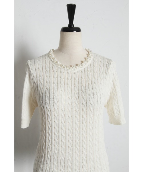 tocco closet（トッコ　クローゼット）の「【ZOZO限定】ネックパール装飾半袖シアーニットトップス（ニット/セーター・レディース・ブラック/ホワイト・M）」の14枚目の写真