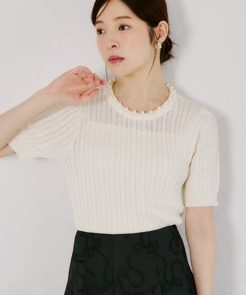 tocco closet（トッコ　クローゼット）の「【ZOZO限定】ネックパール装飾半袖シアーニットトップス（ニット/セーター・レディース・ブラック/ホワイト・M）」の21枚目の写真