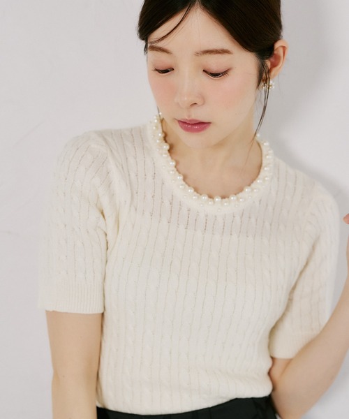 tocco closet（トッコ　クローゼット）の「【ZOZO限定】ネックパール装飾半袖シアーニットトップス（ニット/セーター・レディース・ブラック/ホワイト・M）」の22枚目の写真