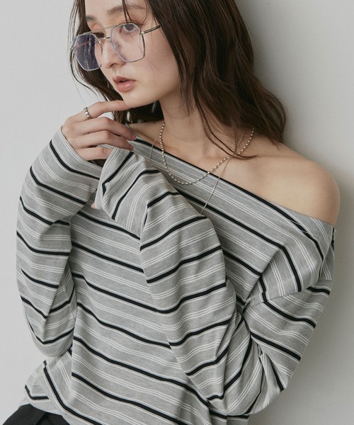 ad thie（アドティエ）の「アソート オフショルダー トップス（Tシャツ/カットソー・レディース・ベージュ系/グレー系/ネイビー系/オフホワイト/ブラック/ホワイト系・FREE）」の4枚目の写真