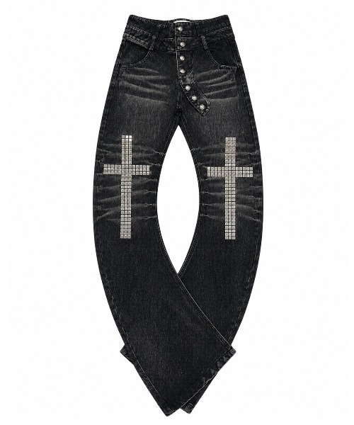 Never mind the XU / Chikashitsu+(ネバーマインド ザ エックスユー / チカシツプラス)の「【BABY09】cross studs flare denim pants / 【ベイビーナイン】クロススタッズフレアデニムパンツ(デニムパンツ・レディース・ブラック・M/S)」の22枚目の写真