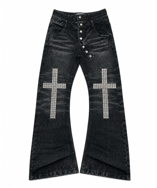 Never mind the XU / Chikashitsu+(ネバーマインド ザ エックスユー / チカシツプラス)の「【BABY09】cross studs flare denim pants / 【ベイビーナイン】クロススタッズフレアデニムパンツ(デニムパンツ・レディース・ブラック・M/S)」の21枚目の写真