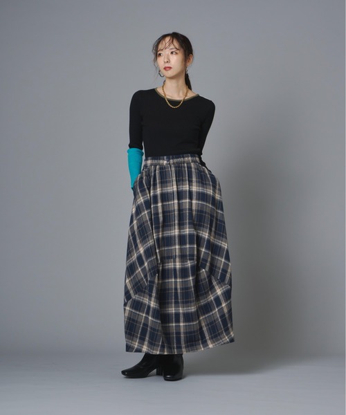 terrace（テラス）の「チェック柄バルーンネルスカート（スカート・レディース・イエロー/ブラウン/ネイビー/グリーン/ブラック・FREE）」の19枚目の写真