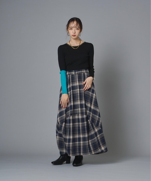 terrace（テラス）の「チェック柄バルーンネルスカート（スカート・レディース・イエロー/ブラウン/ネイビー/グリーン/ブラック・FREE）」の22枚目の写真