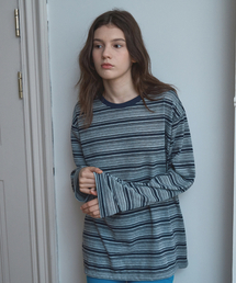 ストライプ オーバーサイズ ロングTシャツ ネイビー