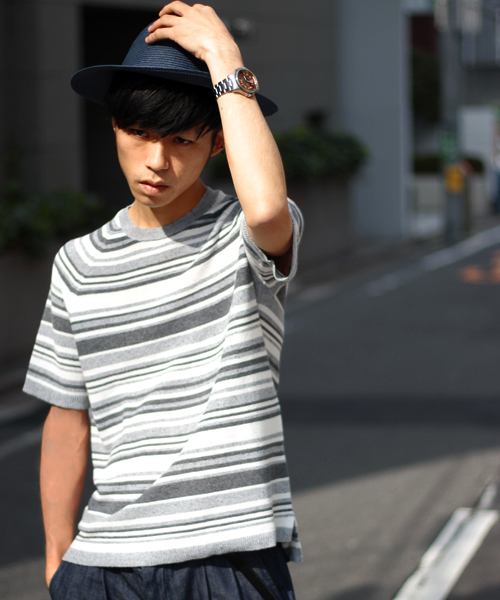 MIND BLOW(マインドブロウ)の「ボーダーニットTシャツ/ハイゲージ(Tシャツ/カットソー・メンズ・ブルー/グレー・MEDIUM/LARGE)」の1枚目の写真