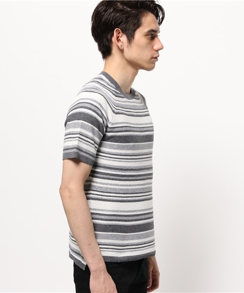 MIND BLOW(マインドブロウ)の「ボーダーニットTシャツ/ハイゲージ(Tシャツ/カットソー・メンズ・ブルー/グレー・MEDIUM/LARGE)」の3枚目の写真