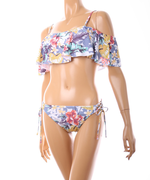 PEAK&PINE（ピークアンドパイン）の「PEAK&PINE| レトロ風花柄オフショルダービキニ 水着（水着・レディース・ブルー/ピンク・MEDIUM）」の5枚目の写真