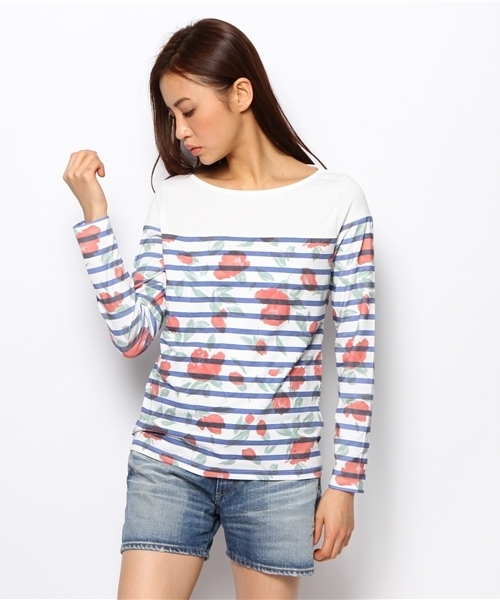 Ray BEAMS(レイビームス)の「○Ray BEAMS / フラワープリント ボーダー ボートネック Tシャツ(Tシャツ/カットソー・レディース・レッド/イエロー・ONE SIZE)」の2枚目の写真