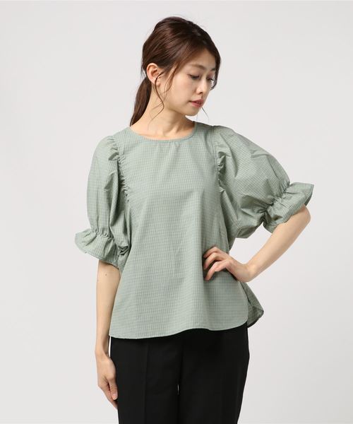 ehka sopo（エヘカソポ）の「キャンディースリーブチェックブラウス（シャツ/ブラウス・レディース・ベージュ/ブルー/ミント・ﾌﾘ-）」の2枚目の写真