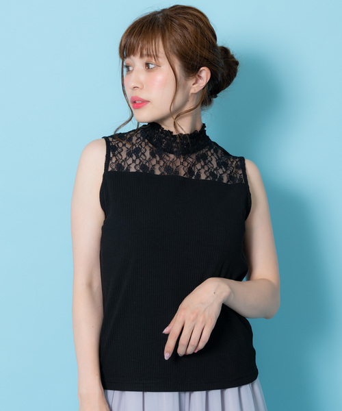 Rewde(ルゥデ)の「【5色展開】ハイネックノースリーブレーストップス(9R15-50624A)(Tシャツ/カットソー・レディース・ホワイト/ブラック/イエロー/キャメル/ネイビー・L/M)」の2枚目の写真