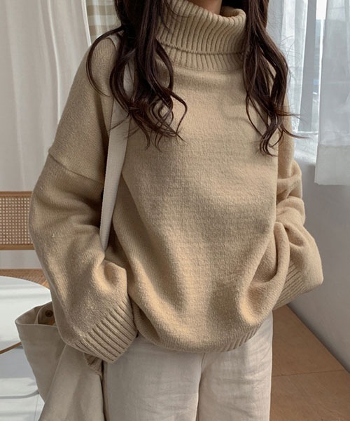 merongshop（メロンショップ）の「MERONGSHOP タートルネックゆるニット（ニット/セーター・レディース・ブラック/ベージュ/ブラウン/ピンク/ブルー・FREE）」の3枚目の写真