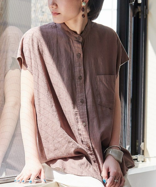 cepo（セポ）の「ＬＩＮＥＮブレンドバンドカラーシャツ（シャツ/ブラウス・レディース・オフホワイト/オレンジ/ネイビー/ブラウン・M）」の3枚目の写真