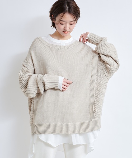 DouDou(ドゥドゥ)の「【WEB限定】編地切替ニット(ニット/セーター・レディース・ライトベージュ/バイオレット・FREE)」の3枚目の写真