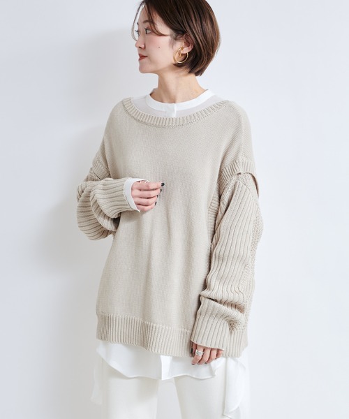 DouDou(ドゥドゥ)の「【WEB限定】編地切替ニット(ニット/セーター・レディース・ライトベージュ/バイオレット・FREE)」の4枚目の写真