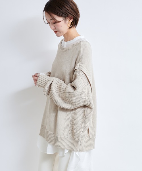 DouDou(ドゥドゥ)の「【WEB限定】編地切替ニット(ニット/セーター・レディース・ライトベージュ/バイオレット・FREE)」の5枚目の写真