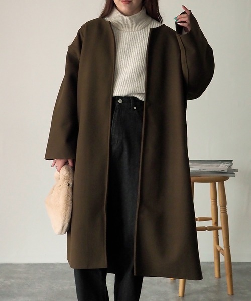 Riberry（リベリー）の「オーバーサイズノーカラーコート（ノーカラーコート・レディース・ベージュ/ネイビー/ブラウン/グリーン・FREE）」の2枚目の写真