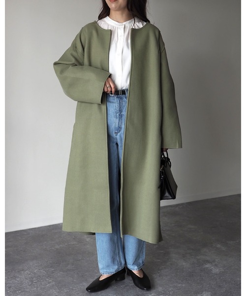 Riberry（リベリー）の「オーバーサイズノーカラーコート（ノーカラーコート・レディース・ベージュ/ネイビー/ブラウン/グリーン・FREE）」の5枚目の写真