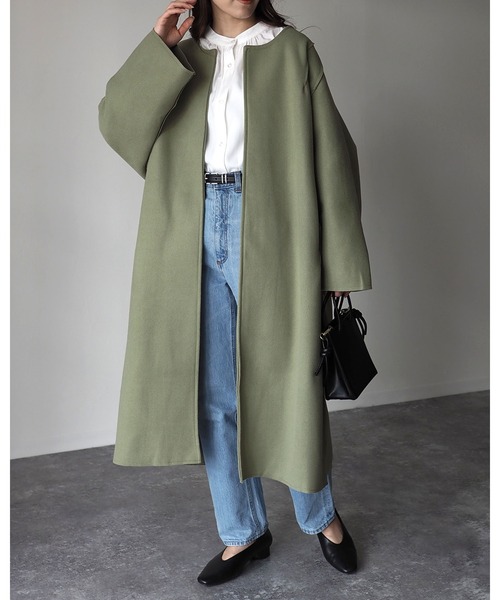 Riberry（リベリー）の「オーバーサイズノーカラーコート（ノーカラーコート・レディース・ベージュ/ネイビー/ブラウン/グリーン・FREE）」の6枚目の写真