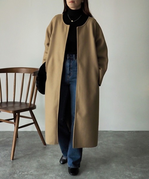Riberry（リベリー）の「オーバーサイズノーカラーコート（ノーカラーコート・レディース・ベージュ/ネイビー/ブラウン/グリーン・FREE）」の19枚目の写真