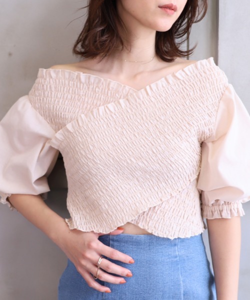 moment+（モーメントプラス）の「T/Cシャンブレー シャーリングカシュクールブラウス（シャツ/ブラウス・レディース・ブラウン/オフホワイト/オレンジ/ナチュラル/イエロー×グリーン・M）」の4枚目の写真