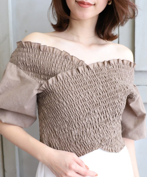 moment+（モーメントプラス）の「T/Cシャンブレー シャーリングカシュクールブラウス（シャツ/ブラウス・レディース・ブラウン/オフホワイト/オレンジ/ナチュラル/イエロー×グリーン・M）」の3枚目の写真