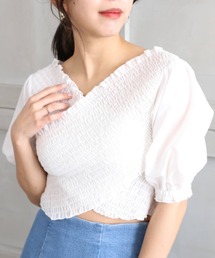 moment+ | T/Cシャンブレー シャーリングカシュクールブラウス(シャツ/ブラウス)