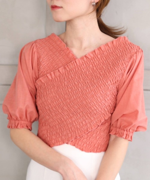 moment+（モーメントプラス）の「T/Cシャンブレー シャーリングカシュクールブラウス（シャツ/ブラウス・レディース・ブラウン/オフホワイト/オレンジ/ナチュラル/イエロー×グリーン・M）」の5枚目の写真