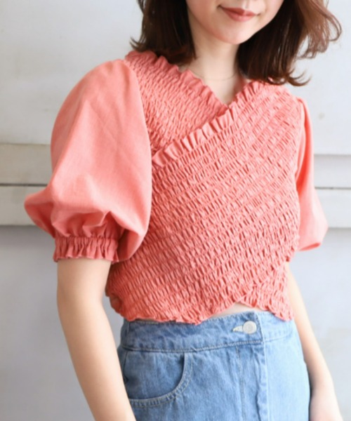 moment+（モーメントプラス）の「T/Cシャンブレー シャーリングカシュクールブラウス（シャツ/ブラウス・レディース・ブラウン/オフホワイト/オレンジ/ナチュラル/イエロー×グリーン・M）」の18枚目の写真