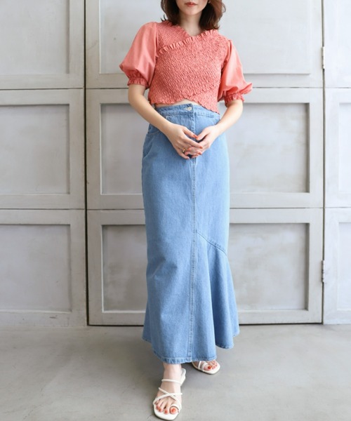 moment+（モーメントプラス）の「T/Cシャンブレー シャーリングカシュクールブラウス（シャツ/ブラウス・レディース・ブラウン/オフホワイト/オレンジ/ナチュラル/イエロー×グリーン・M）」の20枚目の写真