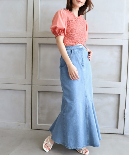 moment+（モーメントプラス）の「T/Cシャンブレー シャーリングカシュクールブラウス（シャツ/ブラウス・レディース・ブラウン/オフホワイト/オレンジ/ナチュラル/イエロー×グリーン・M）」の21枚目の写真