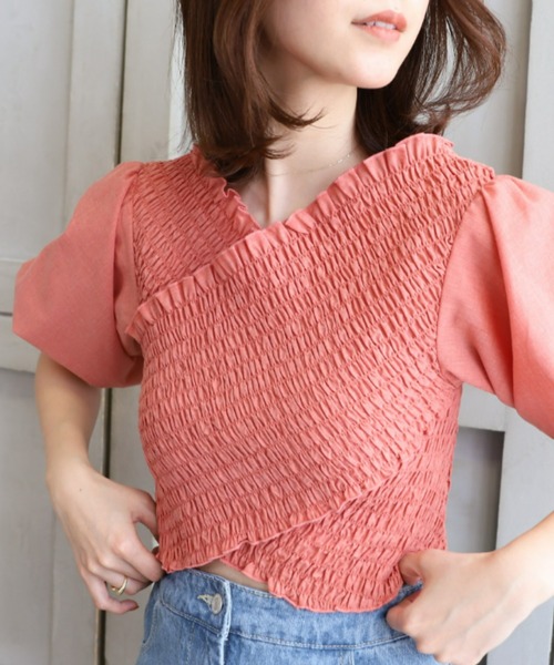 moment+（モーメントプラス）の「T/Cシャンブレー シャーリングカシュクールブラウス（シャツ/ブラウス・レディース・ブラウン/オフホワイト/オレンジ/ナチュラル/イエロー×グリーン・M）」の17枚目の写真