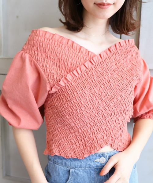 moment+（モーメントプラス）の「T/Cシャンブレー シャーリングカシュクールブラウス（シャツ/ブラウス・レディース・ブラウン/オフホワイト/オレンジ/ナチュラル/イエロー×グリーン・M）」の16枚目の写真