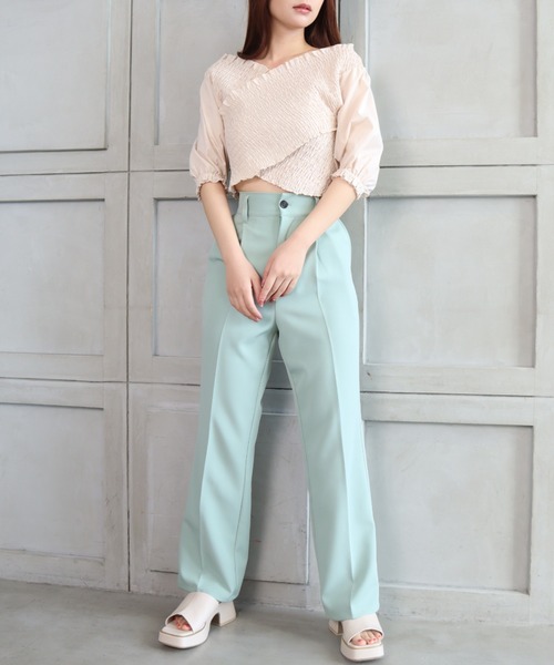 moment+（モーメントプラス）の「T/Cシャンブレー シャーリングカシュクールブラウス（シャツ/ブラウス・レディース・ブラウン/オフホワイト/オレンジ/ナチュラル/イエロー×グリーン・M）」の7枚目の写真