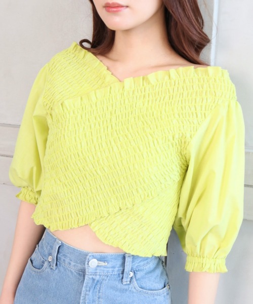 moment+（モーメントプラス）の「T/Cシャンブレー シャーリングカシュクールブラウス（シャツ/ブラウス・レディース・ブラウン/オフホワイト/オレンジ/ナチュラル/イエロー×グリーン・M）」の9枚目の写真