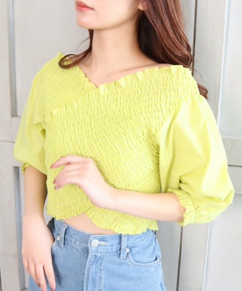 moment+（モーメントプラス）の「T/Cシャンブレー シャーリングカシュクールブラウス（シャツ/ブラウス・レディース・ブラウン/オフホワイト/オレンジ/ナチュラル/イエロー×グリーン・M）」の11枚目の写真