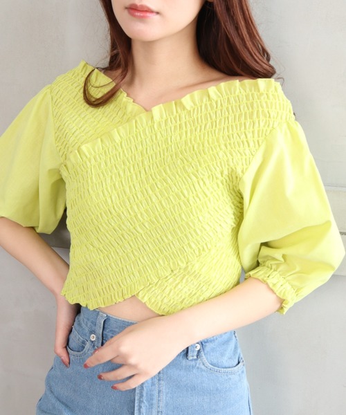 moment+（モーメントプラス）の「T/Cシャンブレー シャーリングカシュクールブラウス（シャツ/ブラウス・レディース・ブラウン/オフホワイト/オレンジ/ナチュラル/イエロー×グリーン・M）」の12枚目の写真