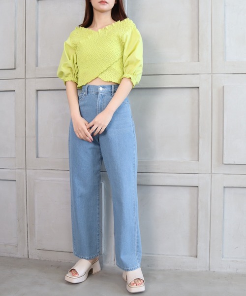 moment+（モーメントプラス）の「T/Cシャンブレー シャーリングカシュクールブラウス（シャツ/ブラウス・レディース・ブラウン/オフホワイト/オレンジ/ナチュラル/イエロー×グリーン・M）」の13枚目の写真